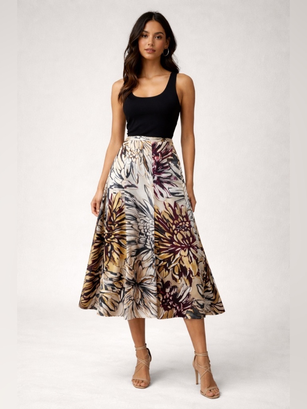 Chico's satin floral print midi skirt gold, black  A-Line Skirt - Multicolor 0